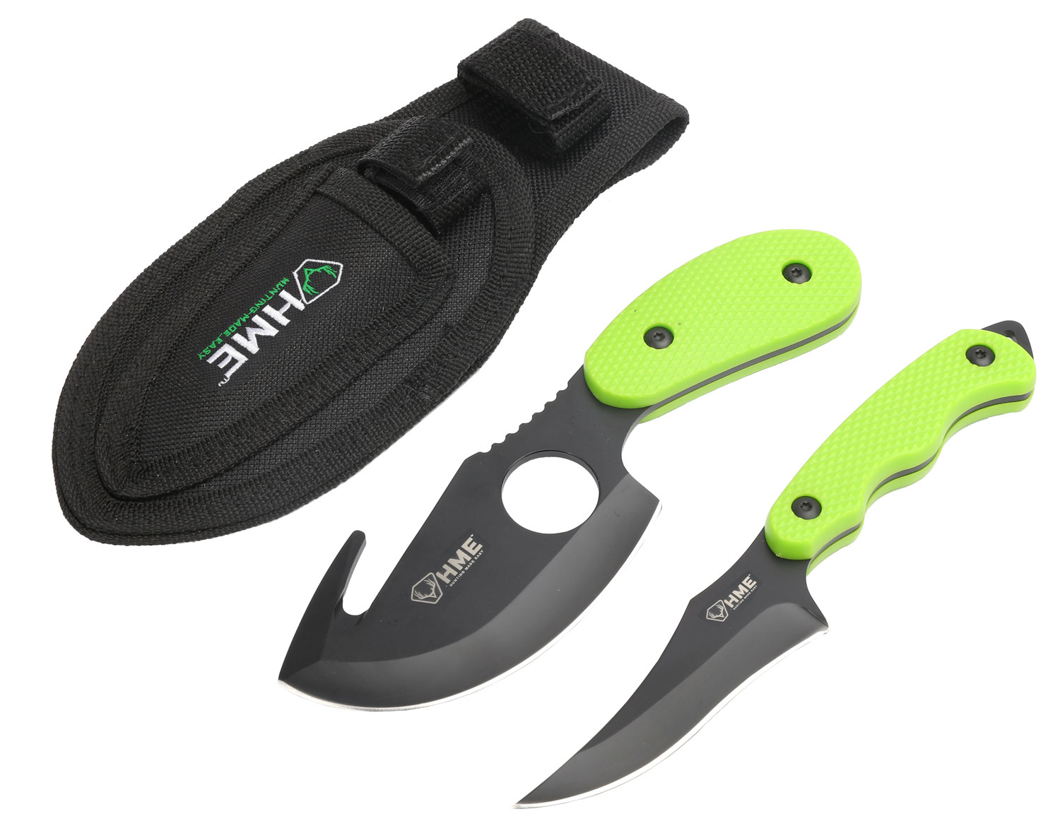 HME HMEKN2PSGC Skinning Kit 3.50" Fixed Skinner w/Gut Hook/Caping Plain/Gut Hook Black Oxide 420HC Blade, TPR Green Handle
