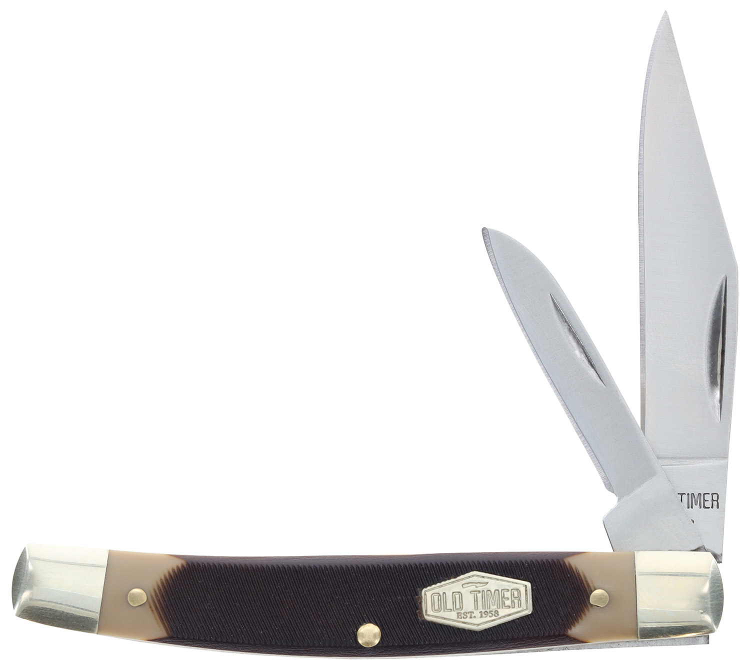 Old Timer 1179231 Middleman Jack 2.50" 1.70" Folding Clip/Sheepsfoot Plain Stainless Steel Blade Black/Tan Sawcut Bone Handle
