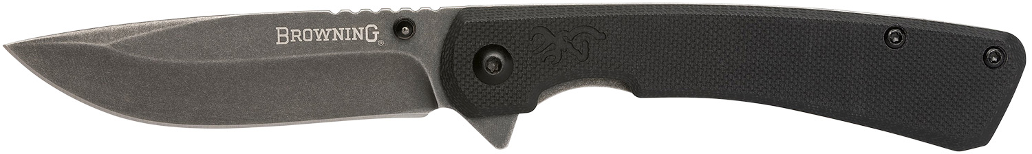 Browning 3220514 Branded Rock EDC 3" Folding Drop Point Plain Black Stonewashed 7Cr17MoV SS Blade, Black G10 Handle