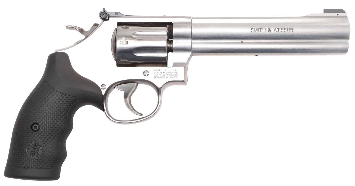 Smith & Wesson 12460 Model 648 K-Frame Frame 22 WMR 8 Shot 6" Stainless Steel Barrel, Cylinder & Frame, Black Finger Grooved Grip, Internal Lock Safety, Exposed Hammer