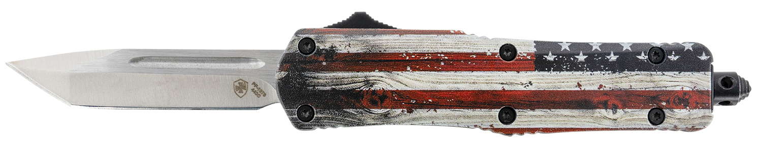Templar Knife SWUS232 Gen II Wood US Flag Small 2.69" OTF Tanto Plain Powder Coated 440C SS Blade, 4.31" Painted Wood Grain US Flag Aluminum Handle, Glass Breaker