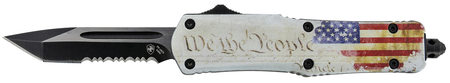 Templar Knife SWTP531 Gen II We The People Small 2.25" OTF Tanto Part Serrated Black Oxide Stonewashed 440C SS Blade, 4.31" White w/Flag & "We The People" Aluminum Handle, Glass Breaker
