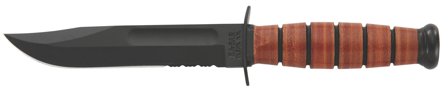 Ka-Bar 1252 USMC 5.25" Fixed Clip Point Part Serrated Black 1095 Cro-Van Blade, Brown Leather Handle, Includes Sheath