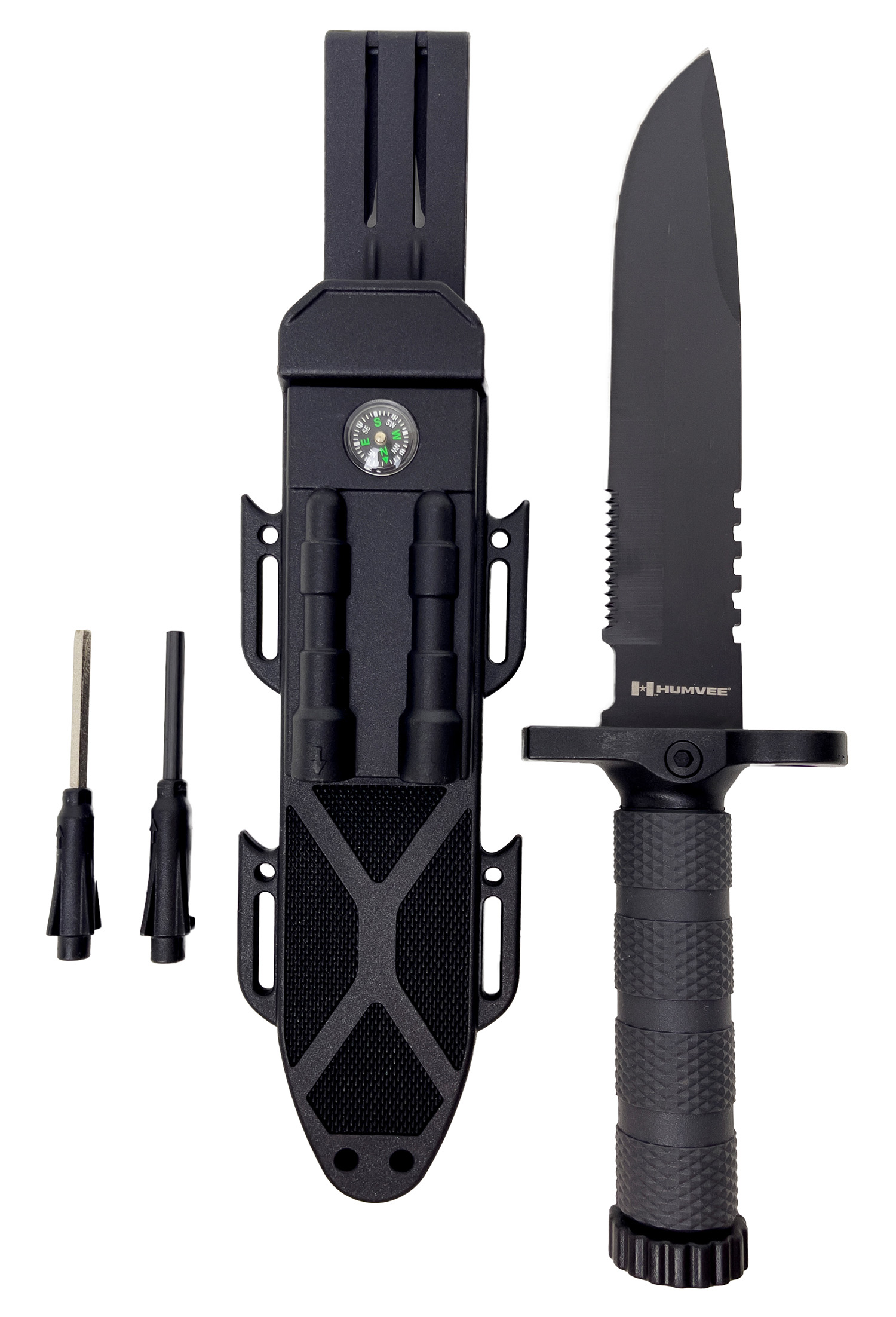 Humvee Adventure Gear HMVKFXB02 Next-Gen Survival Knife 7.50" Fixed Sawback Plain Black Stainless Steel Blade Black Textured Rubber Handle Includes Sheath
