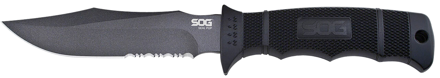 S.O.G SOGM37K Seal Pup 4.75" Fixed Clip Point Part Serrated Powder Coated AUS-8A SS Blade Black w/Raised Diamond Pattern GRN Handle Includes Sheath