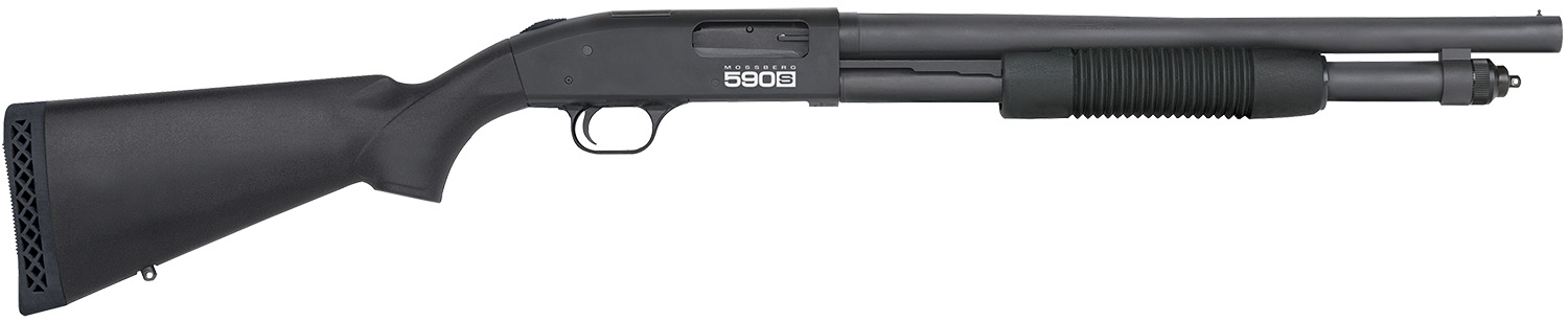 Mossberg 51605 590S 12 Gauge Pump 3" 9+1 18.50" Matte Blued Steel Barrel, Matte Blued Optic Ready Receiver, Fixed Black Synthetic Stock, Right Hand