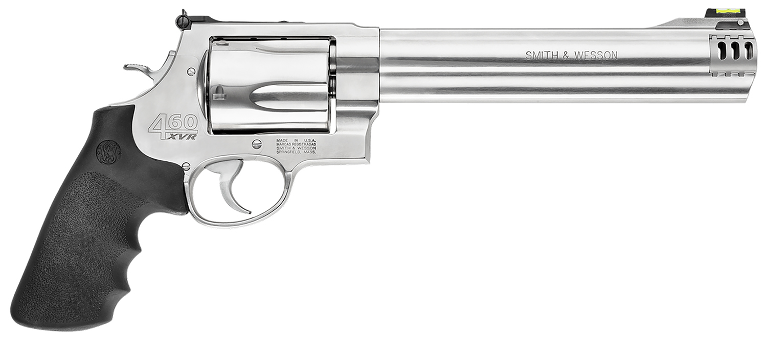 Smith & Wesson 163460 Model 460 XVR Extra Large 460 S&W Mag 5 Shot 8.38" Satin Compensated Barrel, Satin Cylinder, Satin Stainless Steel Frame, Black Finger Grooved Grip, Exposed Hammer