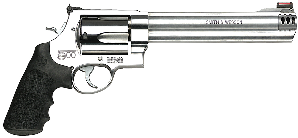 Smith & Wesson 163501 Model 500 X-Large 500 S&W Mag 5 Shot 8.38" Satin Compensated Barrel, Satin Cylinder, Satin Stainless Steel Frame, Black Finger Grooved Grip, Exposed Hammer