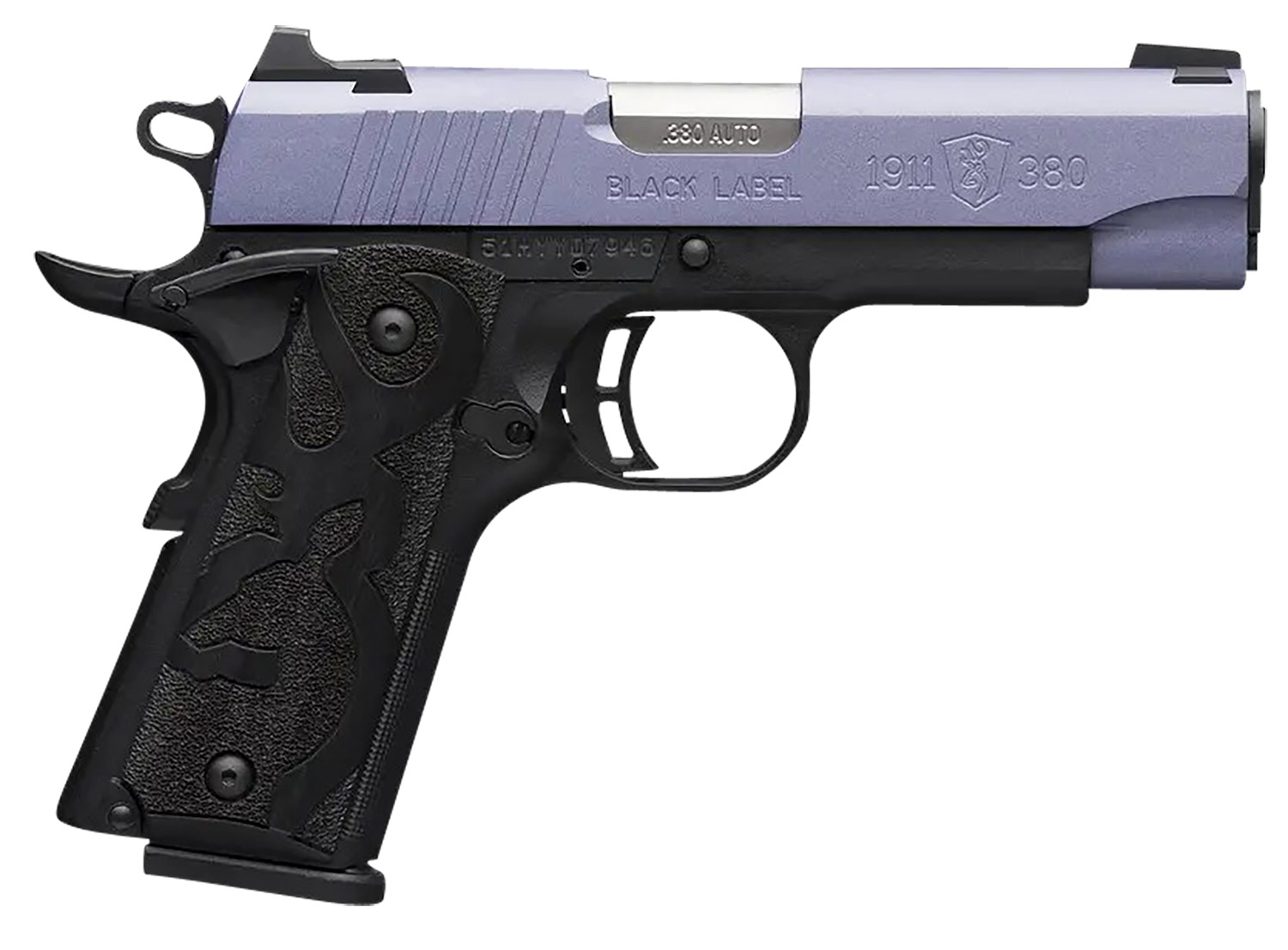Browning 051986492 1911 Black Label Compact Frame 380 ACP 8+1 3.63" Matte Stainless Steel Barrel, Crushed Orchid Cerakote Serrated Stainless Steel Slide, Matte Black Polymer Frame, Black Polymer Grip
