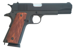 Cimarron 1911 1911  .45 ACP 8+1, 5.03" Black Steel Barrel, Black Parkerized Serrated Slide & Frame, Checkered Walnut Grips