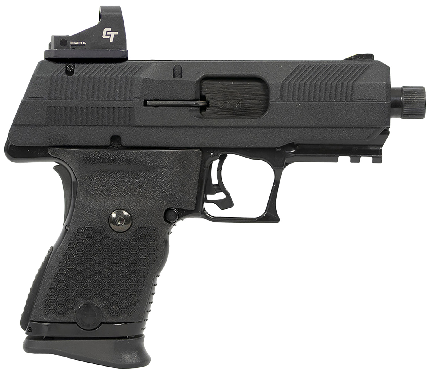 Hi-Point YC9RDCT YC9 w/Red Dot 9mm Luger 10+1 4.12" Black Steel Threaded Barrel, Black YC9 Styled/Serrated Slide, Black Polymer Frame w/Picatinny Rail, Black Plastic Grips, Crimson Trace Red Dot