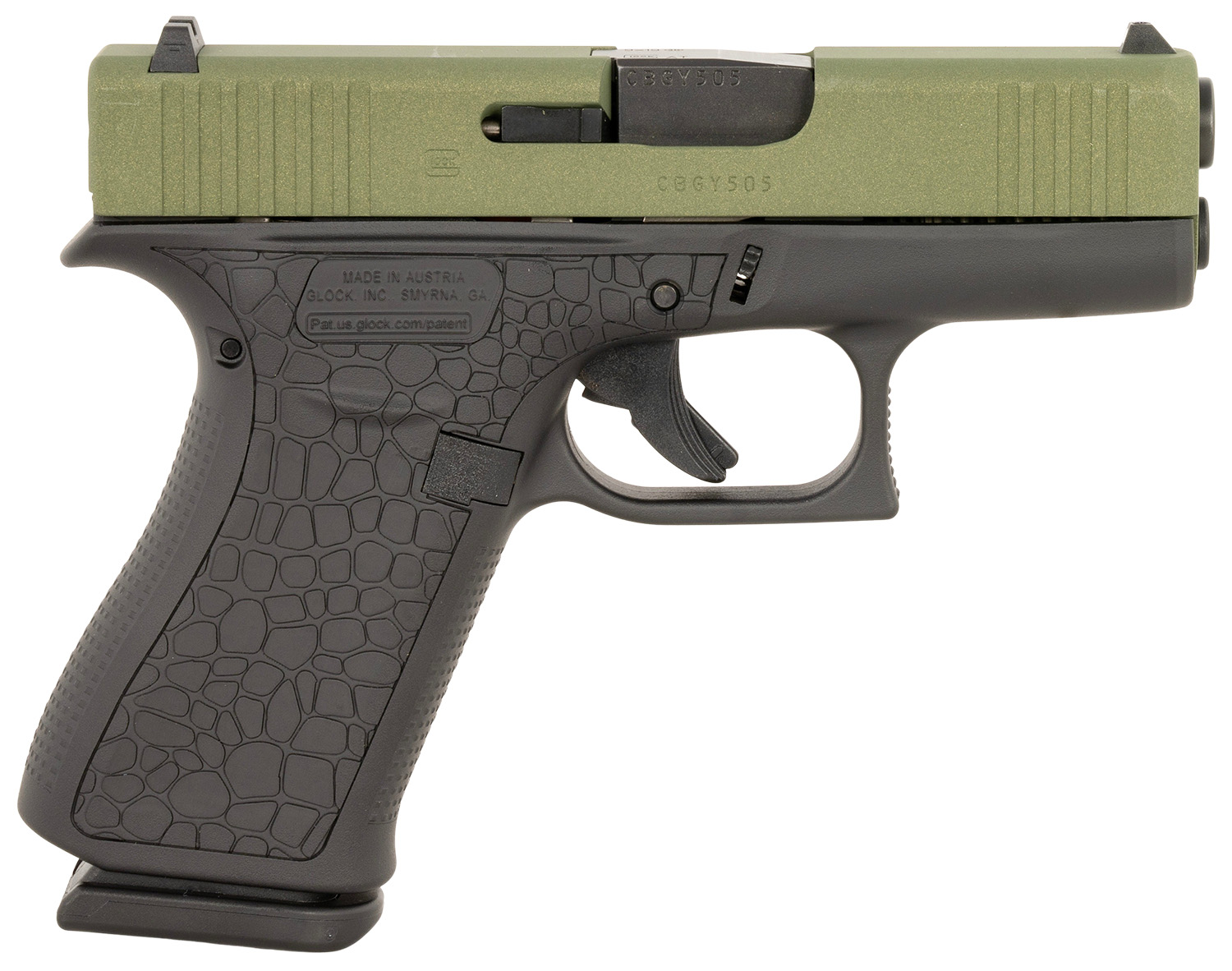 Glock PX4350204BAYOU G43X Slim Sub-Compact Frame 9mm Luger 10+1 3.41" Black GMB Barrel, Lime Green Cerakote Serrated Steel Slide, Black Cerakote Polymer Frame w/Beavertail, Ambidextrous