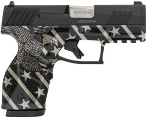 Taurus 1-GX2931-EN1 GX2  Compact Frame 9mm Luger 13+1 3.38" Stainless Steel Barrel, Matte Black Serrated Alloy Steel Slide, Black w/Eagle, Stars & Stripes Polymer Frame w/Accessory Rail