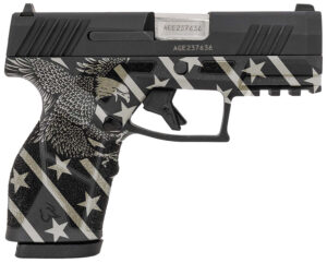 Taurus 1-GX2931-10EN1 GX2  Compact Frame 9mm Luger 10+1 3.38" Stainless Steel Barrel, Matte Black Serrated Alloy Steel Slide, Black w/Eagle, Stars & Stripes Polymer Frame w/Accessory Rail