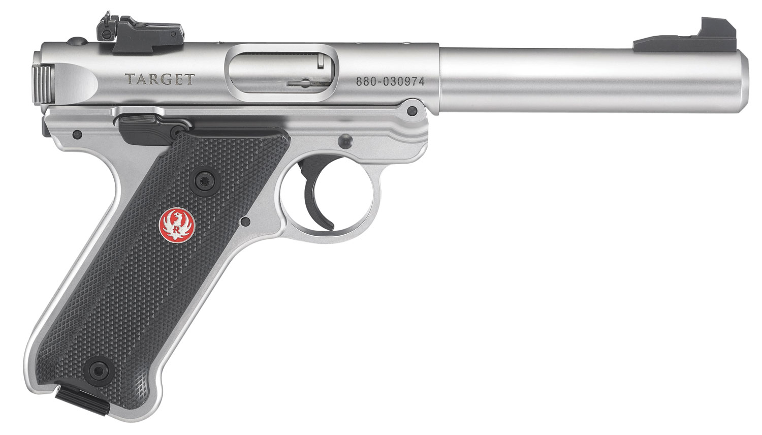 Ruger 40103 Mark IV Target 22 LR 10+1 5.50" Satin Stainless Bull Barrel, Satin Stainless Steel Slide, Stainless Steel Frame Drilled & Tapped Receiver, Black Checkered Polymer Grip, Right Hand