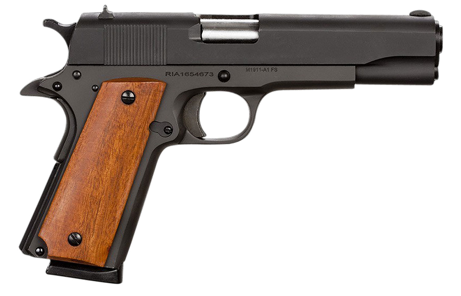 Rock Island 51421 GI Standard FS *CA Compliant 45 ACP Caliber with 5" Barrel, 8+1 Capacity, Overall Black Parkerized Finish Steel, Beavertail Frame, Serrated Slide & Wood Grip