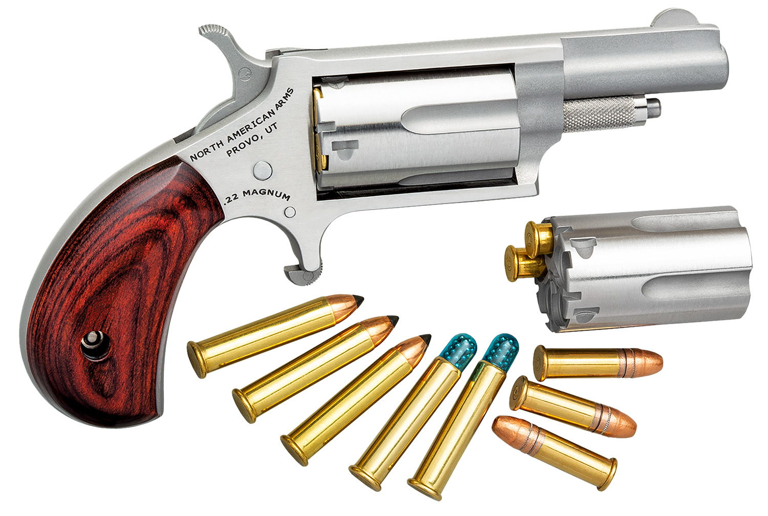 North American Arms 22MC Mini-Revolver 22 LR/22 WMR 5 Shot 1.63" Stainless Steel Barrel, Frame & Cylinder, Rosewood Grip, Exposed Hammer