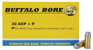 Buffalo Bore Ammunition 30A20 Personal Defense Strictly Business 32ACP +P 75gr Hard Cast Flat Nose 20 Per Box/12 Case