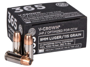 Sig Sauer E9MMA136520 Elite Performance 365 9mmLuger 115gr V-Crown Jacketed Hollow Point 20 Per Box/10 Case