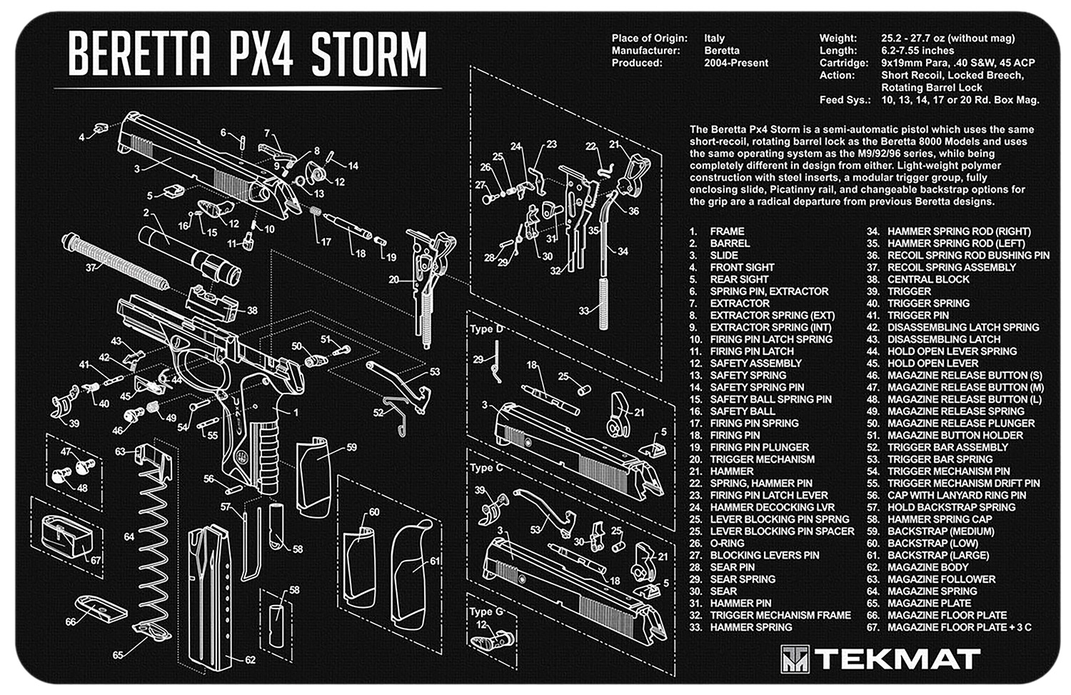 TekMat TEKR17BERPX4 Beretta Px4 Storm Cleaning Mat Black/White Rubber 11"x17" Beretta PX4 Storm Diagram