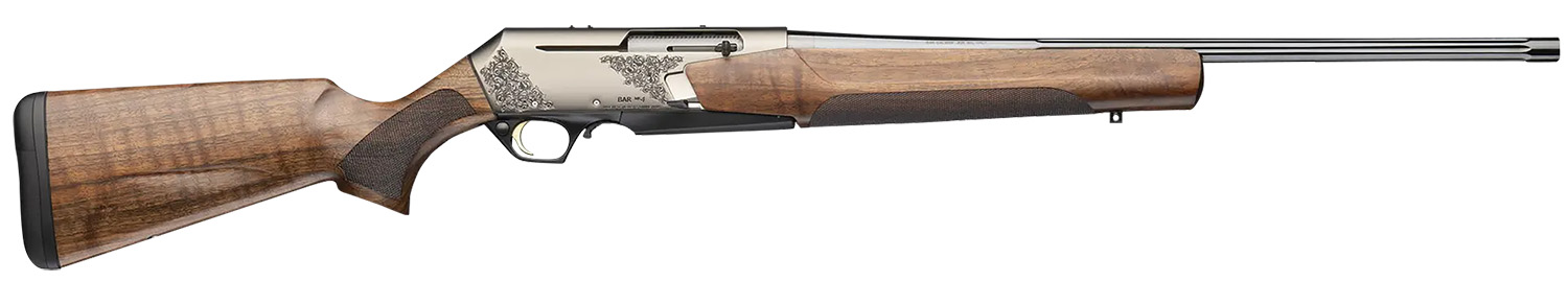 Browning 039009218 BAR MK4 Medallion 308 Win 4+1 22" Polished Blued Fluted Barrel, Satin Nickel Engraved Aluminum Alloy Drilled & Tapped Receiver, Grade III Turkish Walnut Adj Shim Stock