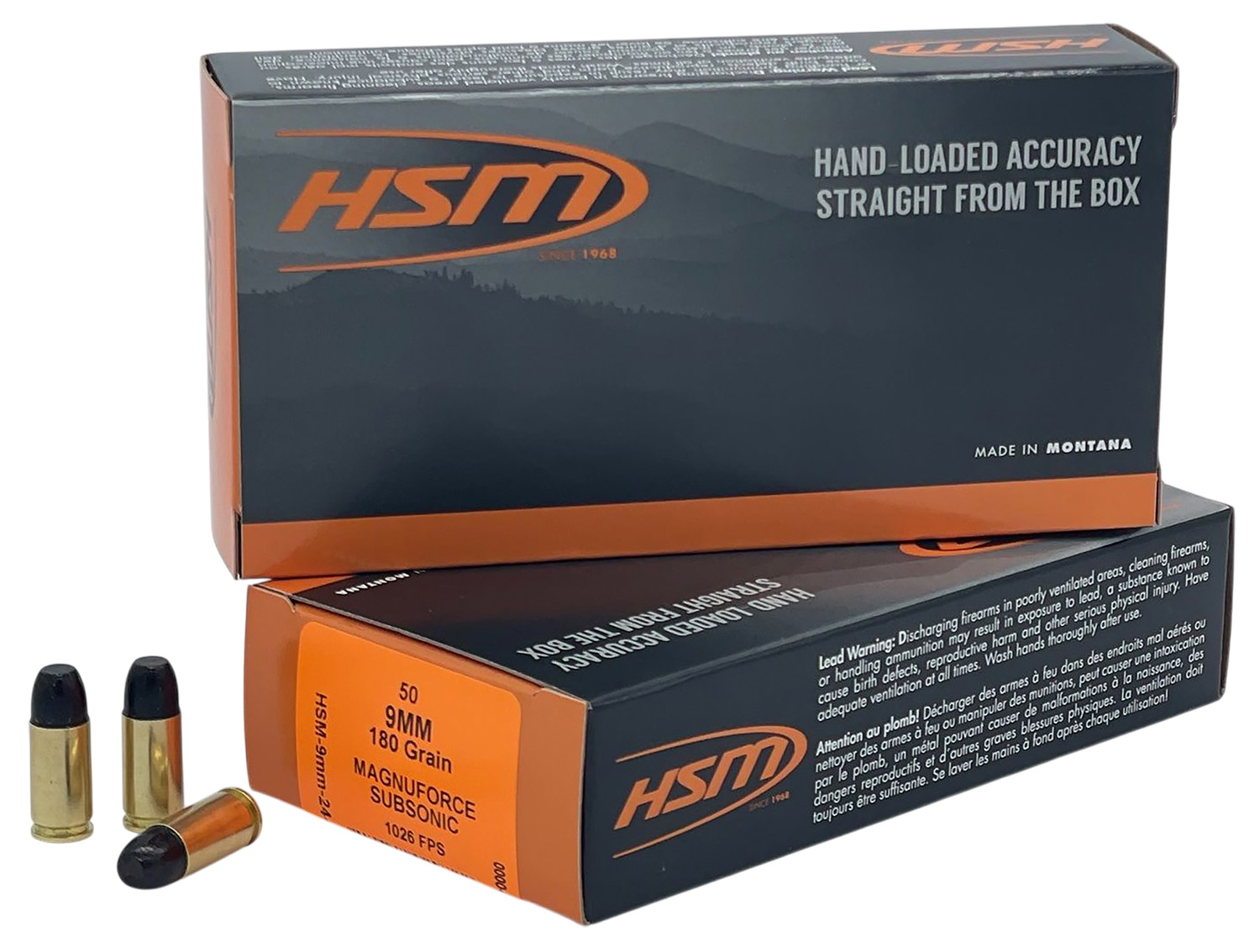 HSM 9MM24N 9mmLuger Subsonic 180gr Hard Cast Long Flat Nose 50 Per Box/10 Case