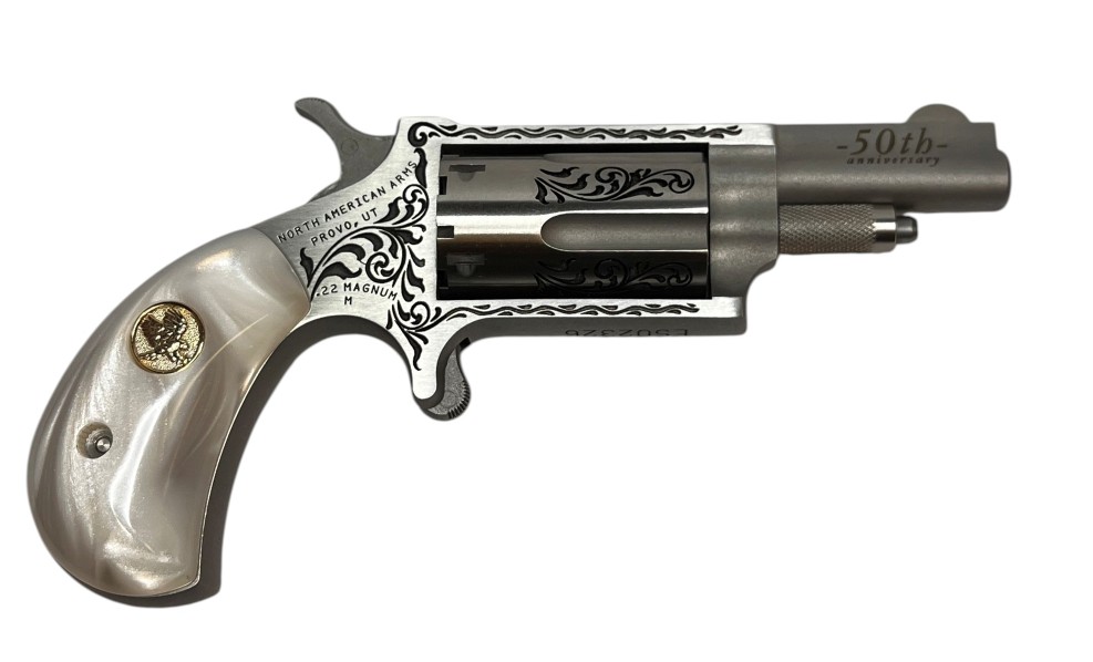 NAA 50TH ANNIVERSARY 22MAG WHITE PEARL GRIP ENGRAVED 5RD NAA-22M-50