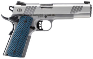Bersa B19117050SMBL B1911  Full Size Frame 45 ACP 8+1 5" Stainless Steel Barrel, Polished Stainless Serrated Steel Slide, Matte Stainless Stainless Steel Frame w/Beavertail, Blue VZ Grip, Ambidextrous