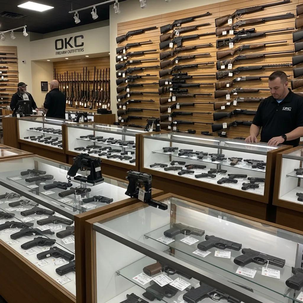 Diverse selection of firearms in a gun store, highlighting handguns, rifles, and shotguns available for sale in Oklahoma City