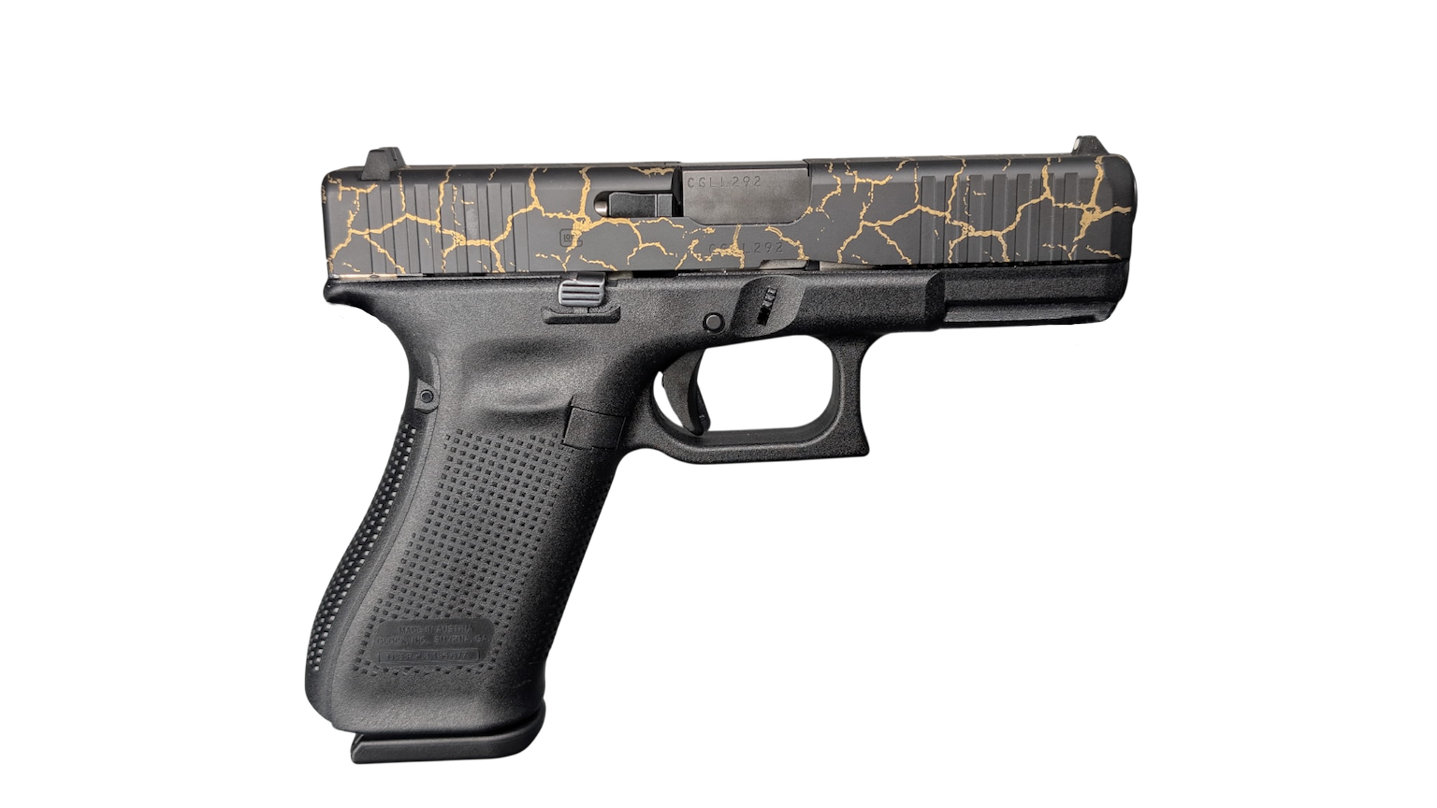 GLOCK 45 V CRAQUELURE 9MM PISTOL 4" BLACK-BLK/GOLD SLIDE FXD 3-17RD MAGS
