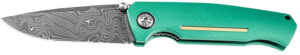 Boker 111102DAM   3.22" Drop Point Plain Damascus Blade Green Aluminum Handle