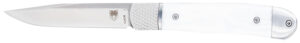 CobraTec Knives CTTHRWTABA154CM Trapper  Small 3.13" Folding Plain 154CM SS Blade, 4.25" White Abalone Scales Handle