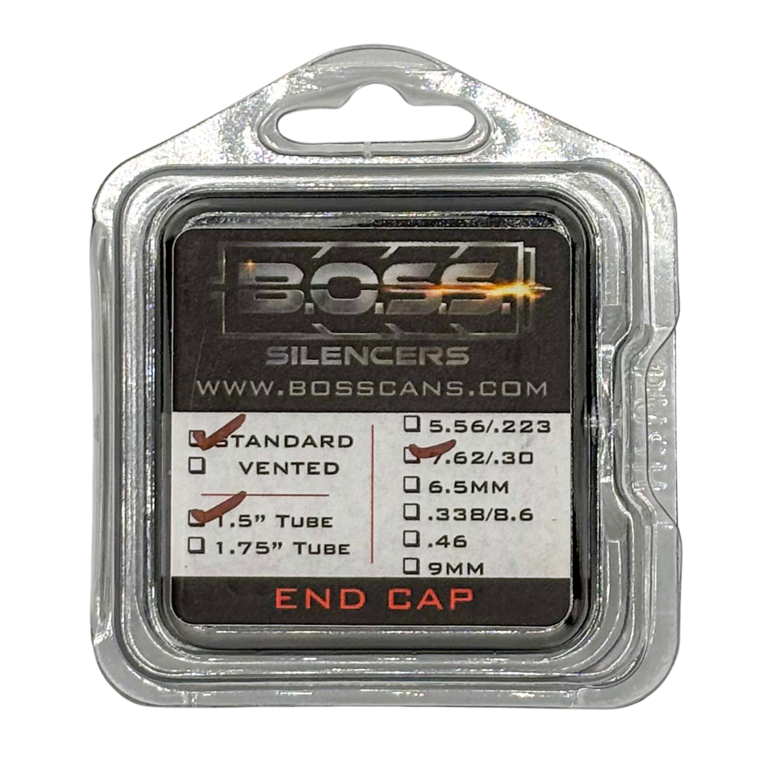BOSS 30 CAL END CAP FOR 1.5IN BOSS SILENCER MODELS ONLY STAINLESS END CAP STANDARD BLACK EC-150-762-SS-SE-BLK